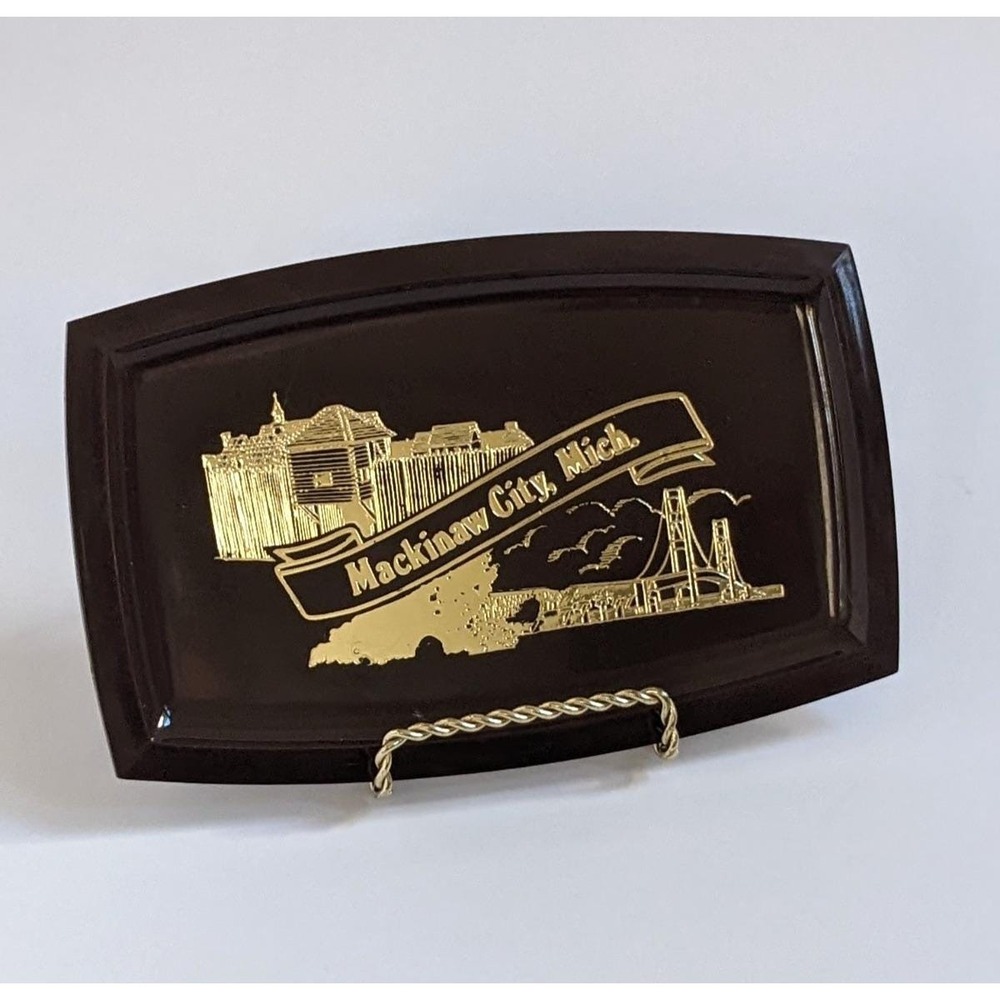 Vintage Mackinaw City Michigan Souvenir Tray Brown Plastic Gold Bridge Fort 8x5"